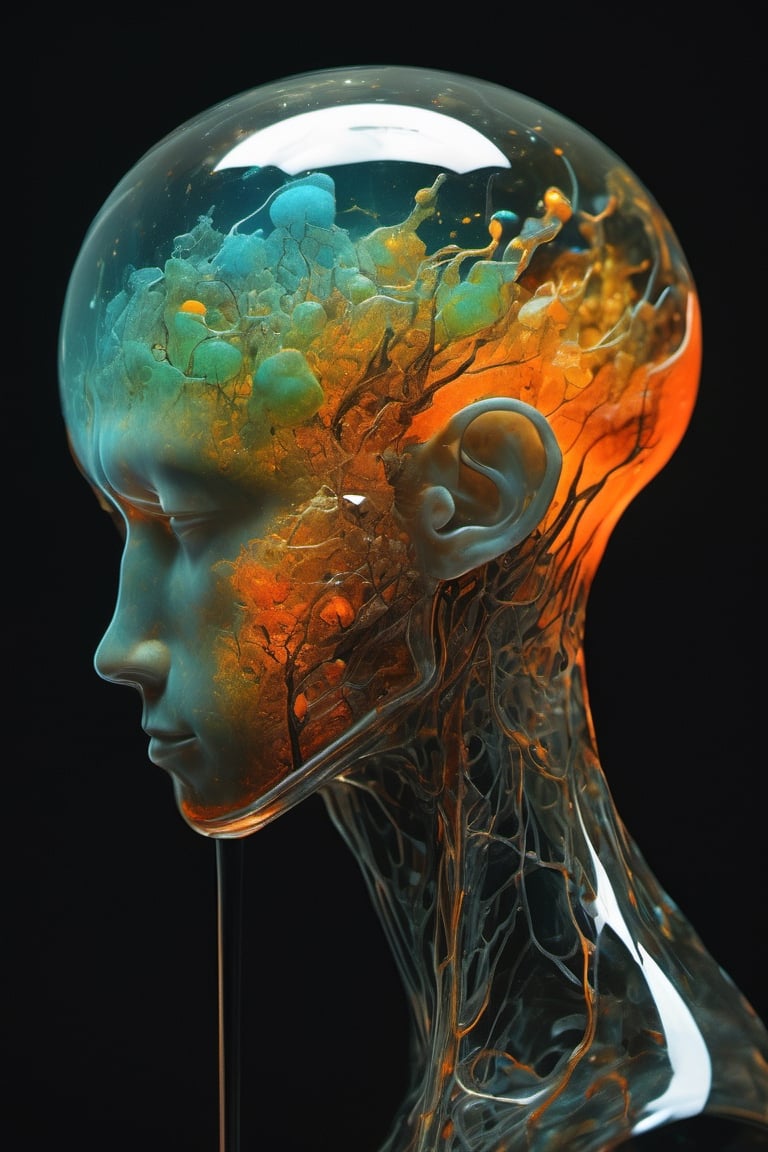 art by yashitomo nara, a transparent resin cube shaped head, stunning beauty, hyper-realistic oil painting, vibrant colors, dark chiarascuro lighting, a telephoto shot, 1000mm lens, f2,8,Vogue,more detail XL