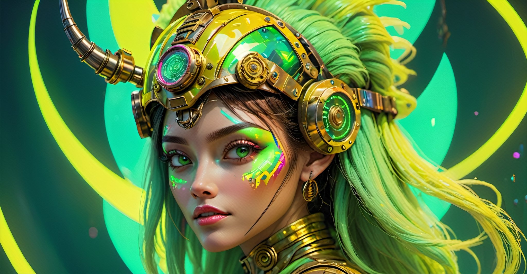 a masterpiece, stunning beauty, perfect face, epic love, Slave to the machine, full-body, hyper-realistic oil painting, vibrant colors, Body horror, wires, , native american war bonnet, a rusty and silver spotted steampunk spacesuit, women looking directly out to viewer, wry smile on her face, neon face with multiple coloured circuits on it, full face visor translucent dirty yellow colour, in the style of futuristic space, glamour, Steam punk steam punk animated gifs, xenomorph lookalike adornments, gun in hand, algorithmic artistry, frank frazetta style, perfect makeup, boris vallejo, pop art consumer culture, plain neon steampunk background, full figure pose, dripping paint, Leonardo Style, blacklight makeup, oni style,monster,HellAI,IncrsXLRanni,Xxmix_Catecat,DonMD3m0nXL ,Stylish,underboob,hustler,more detail XL,portrait_futurism,DonMChr0m4t3rr4XL ,DonMCyb3rSp4c3XL