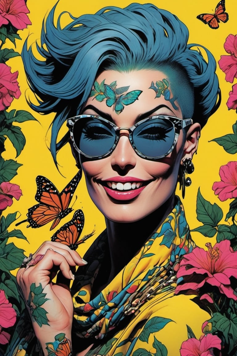 vogue portrait, Horror Comics style, art by brom, smiling people, poking tongue at viewer, lennon sunglasses, punk hairdo, tattoo by ed hardy, shaved hair, neck tattoos by andy warhol, heavily muscled, biceps, glam gore, horror, poster style, flower garden, oversized monarch butterflies, tropical fish, flower garden, 