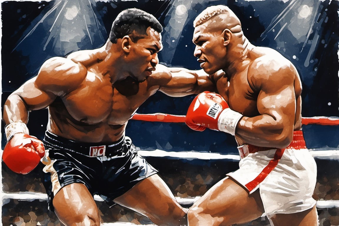 Mike Tyson , in a boxing ring at madison square gardens, close up portrait of two boxers, knocking Jake Paul to the canvas with an uppercut punch, stipple, crosshatching, 5 colour monochromatic art, borders, (((art poster by gian galang))), (((art style by gian galang))), (((design by gian galang))) , neck tattoos by andy warhol, heavily muscled, biceps, fight poster style, asian art, chequer board, mma, octogon, bright contrasting colours, stipple, black n white, ,action shot