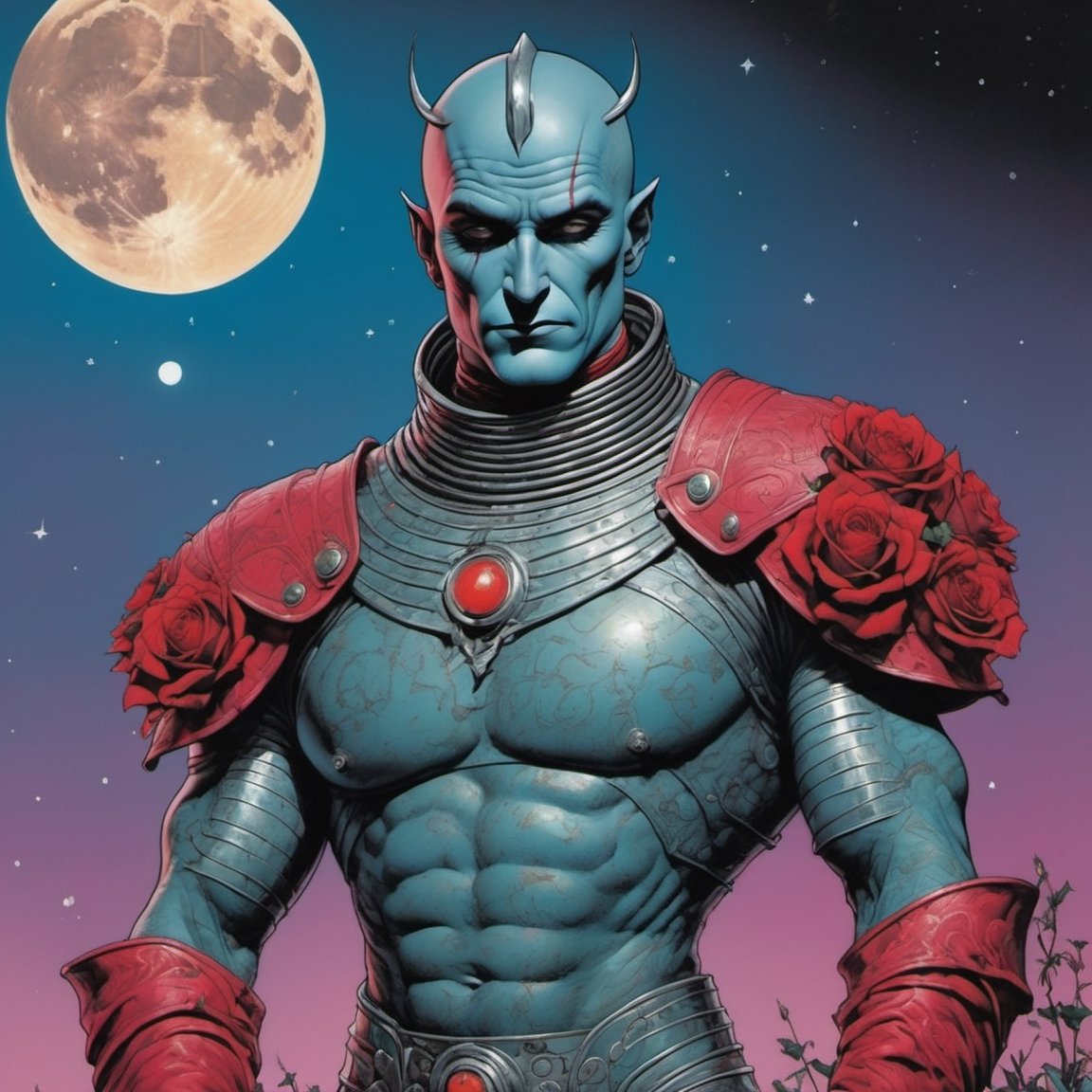 tin man from the wizard of oz, blood moon, Horror Comics style, art by brom, tattoo by ed hardy, shaved hair, neck tattoos by andy warhol, heavily muscled, biceps, glam gore, horror, poster style, flower garden, space constellation, ,art_booster