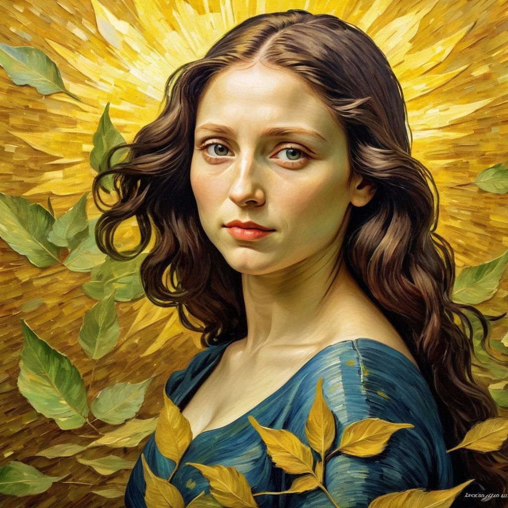 By Van Gogh, Sun, wind, sunny day, oil paint painting, highly detailed, sharpness, dynamic lighting, super detailing, van gogh starry nights background, painterley effect,Oil painting of Mona Lisa ,Leaf,art by sargent