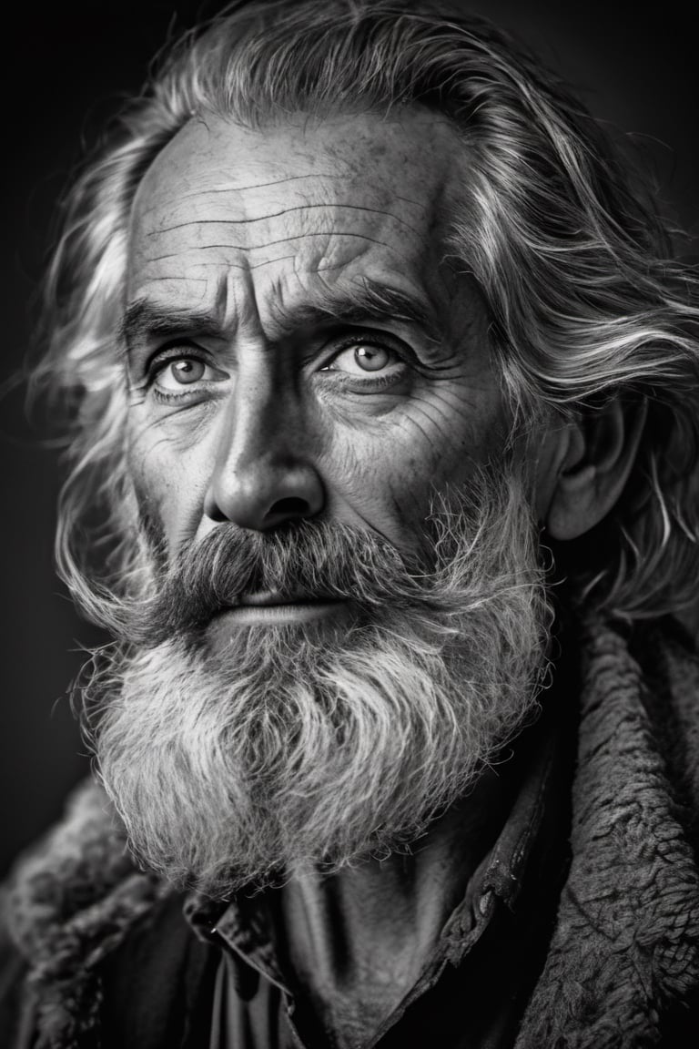 solo, looking at viewer, 1 man, monochrome, upper body, greyscale, male focus, 2 ft facial hair,2 ft beard, 12 inch mustache, old, old man, no clothing, long bushy unkempt hair, long bushy beard, wild and windswept, forlorn, lost, a worn out worried look in his eyes and face, all focus on the eyes, short 2 inch depth of field, tamron 1000 mm telephoto lens, f2.8, cinematic angle, looking from above the eyeline down back at the man, angled, 