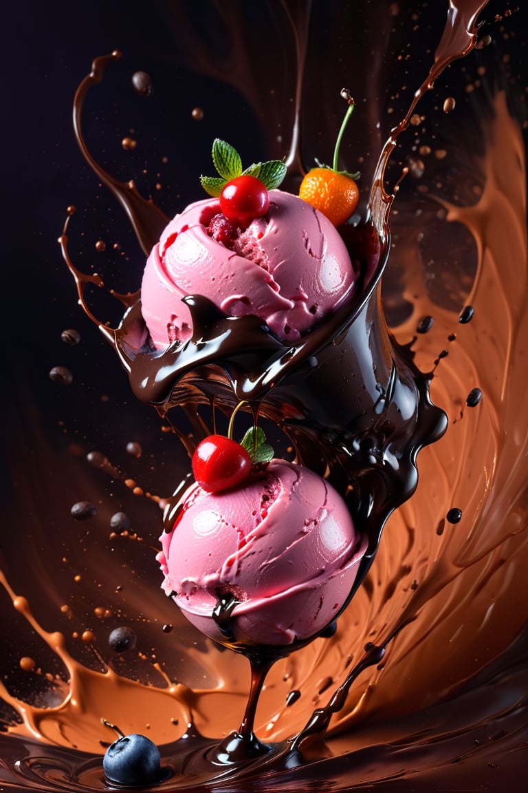 a macroscopic photograph of strawberry ice cream with cherry cream, ice cubes, maraschino cherries, blueberries, mandarin segments, dark chocolate sauce, nuts, mint leaves, splashing dark chocolate sauce, in a gradient cerry colouredbackground, fluid motion, dynamic movement, cinematic lighting, palette knife, digital artwork by Beksinski,action shot,sweetscape, 3D, oversized fruit, caramel theme, art by Klimt, airbrush art, food photography,