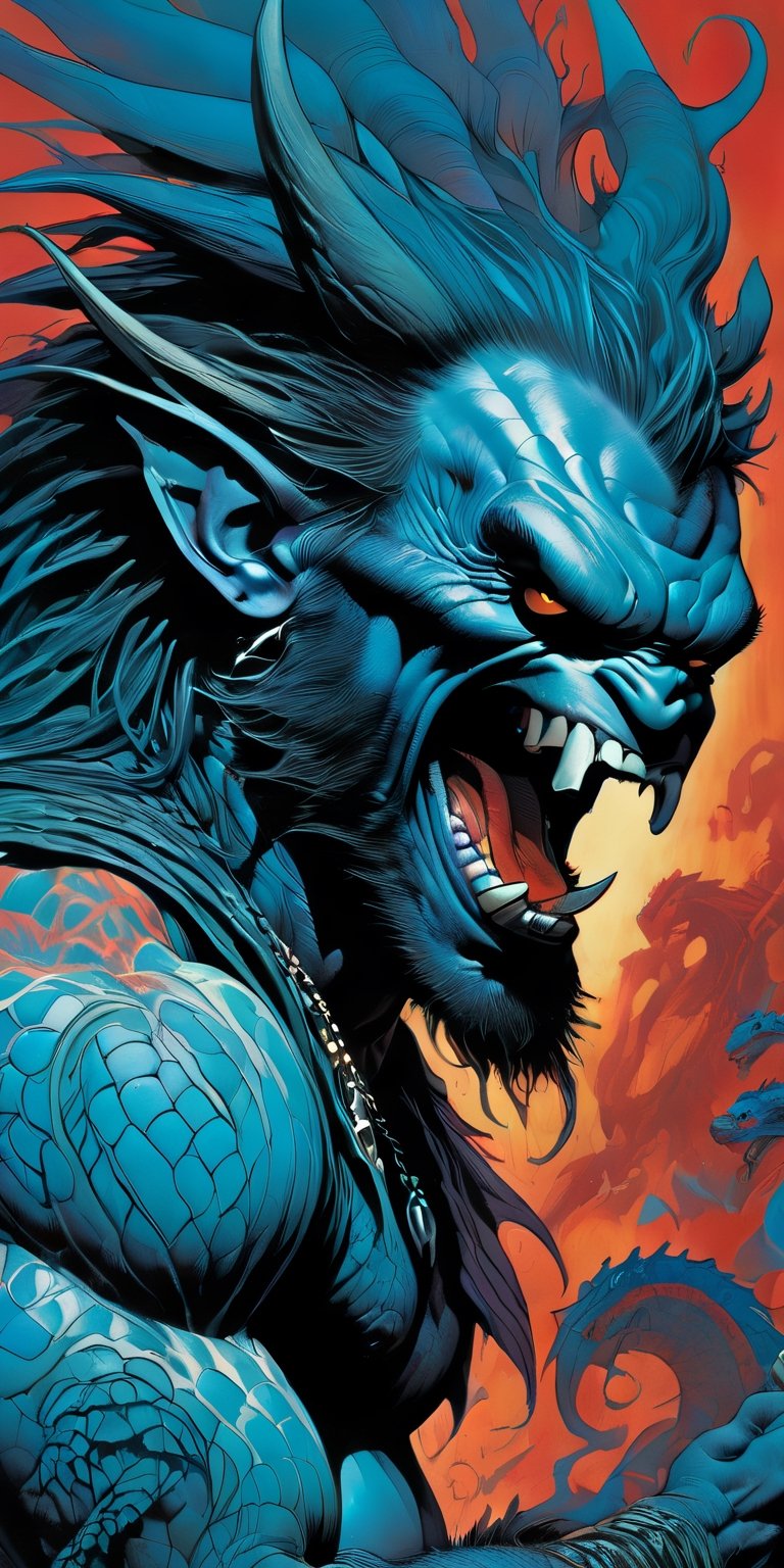 close up of the mans face, a sexy black african mans arm and shoulder, man is staring screaming at the viewer, raging, long hair, the arm and shoulder are covered in a very detailed intricate red and blue dragon tattoo that is protruding outfrom the skin, coming alive, its screaming, scratching, similar to dragon tattoo by Boris Vallejo, slowly you see the small dragon tattoo in parts is coming out of the skin and becoming a real version of the tattoo, sticking out, scales, extended claws, spit, spittle, blood drops, 16K, movie still, cinematic, ,omatsuri,DonMn1ghtm4reXL