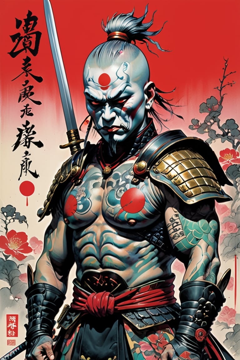 samurai, wearing full battle armour, Horror Comics style, art by brom, tattoo by ed hardy, shaved hair, neck tattoos andy warhol, heavily muscled, biceps,glam gore, horror, demonic, hell visions, demonic women, military poster style, asian art, chequer board,japanese flag, wearing a gee, 