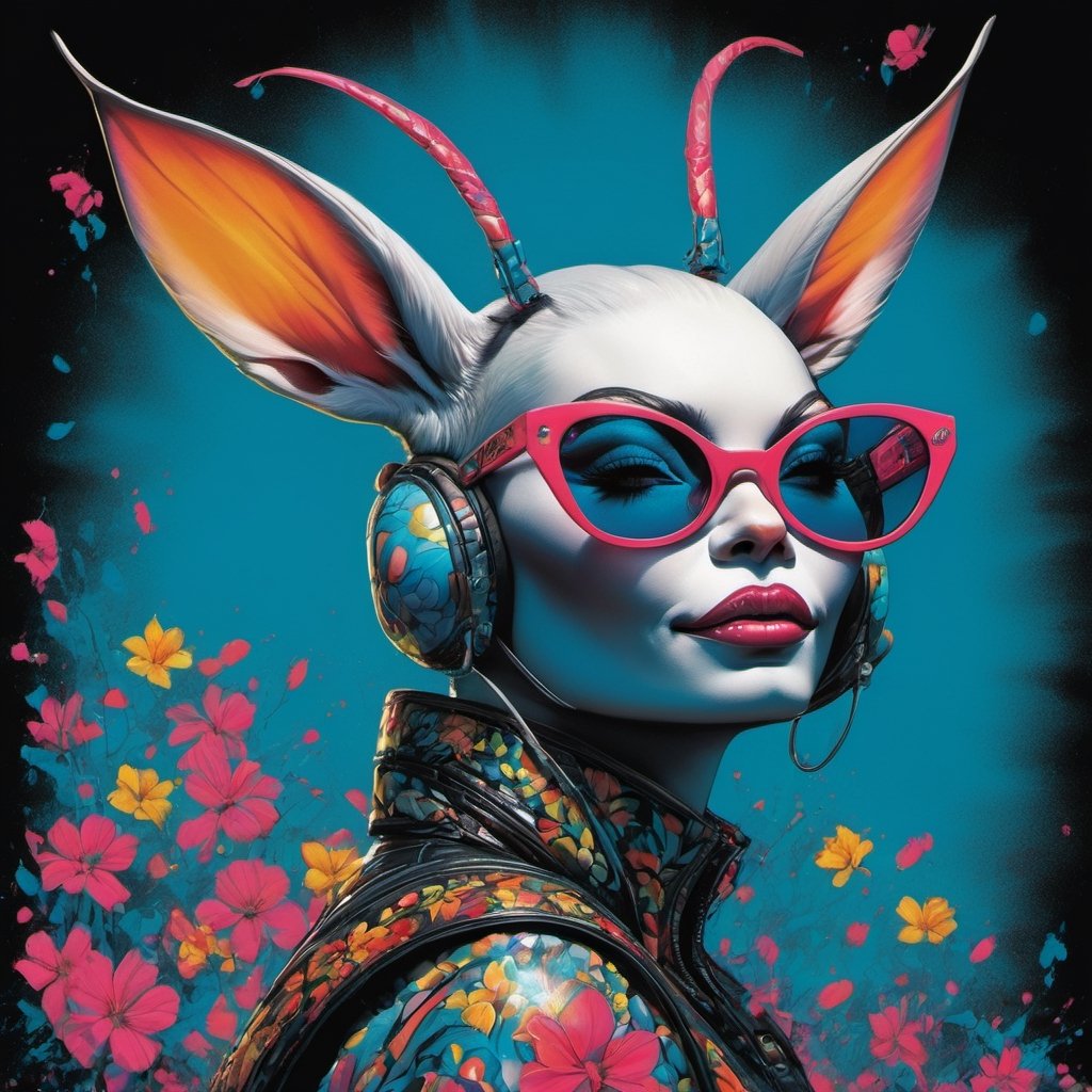 vogue easter bunny portrait, Horror Comics style, art by brom, smiling, lennon sunglasses, rabbit ears, rabbit nose, rabbit fur, punk hairdo, tattoo by ed hardy, shaved hair, playboy bunny outfit, bunny tail, neck tattoos by andy warhol, heavily muscled, biceps, glam gore, horror, poster style, flower garden, Easter eggs, coloured foil, oversized monarch butterflies, tropical fish, flower garden, 