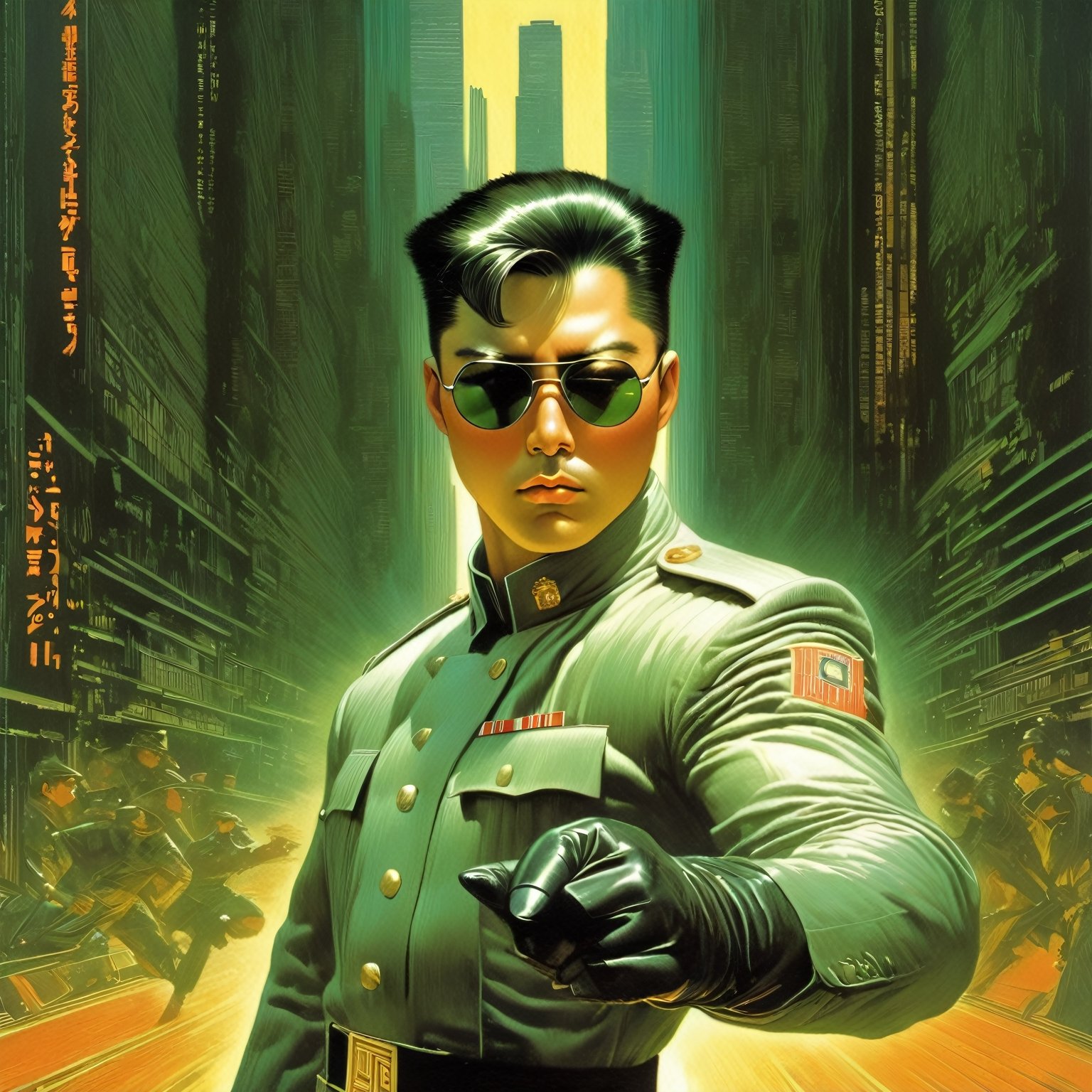 art by Masamune Shirow, art by J.C. Leyendecker, art by boris vallejo, a masterpiece, stunning beauty, hyper-realistic oil painting, vibrant colors, a Kim Jong Un type character, wearing round sunglasses, dark chiarascuro lighting, aiming a Luger pistol at the viewer, fighting bad guys, being chased, a telephoto shot, 1000mm lens, f2,8,vertical lines of green matrix code