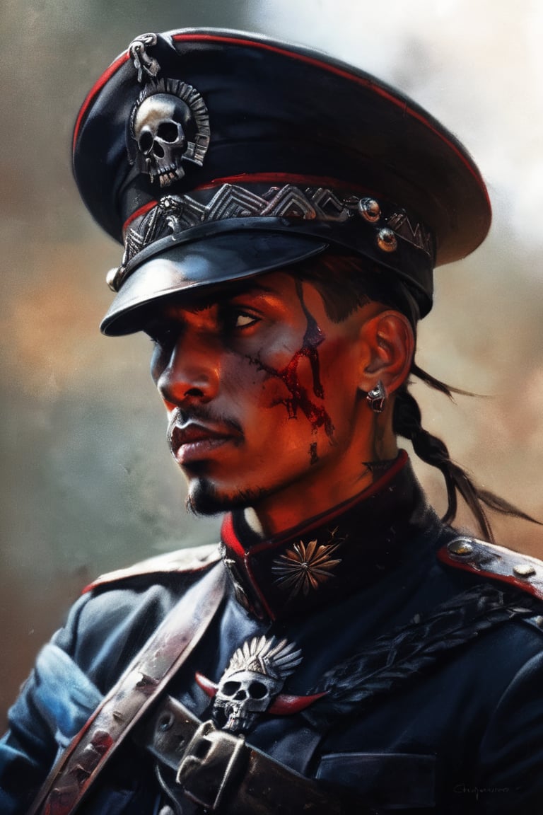 cinematic reality, film, chiarosaurio, depth of field, shadows, reflection, sparks, mists, skull with red military cap, sharp focus, detailed features, blood, tribal tattoos on the skull cheeks and jaw, 