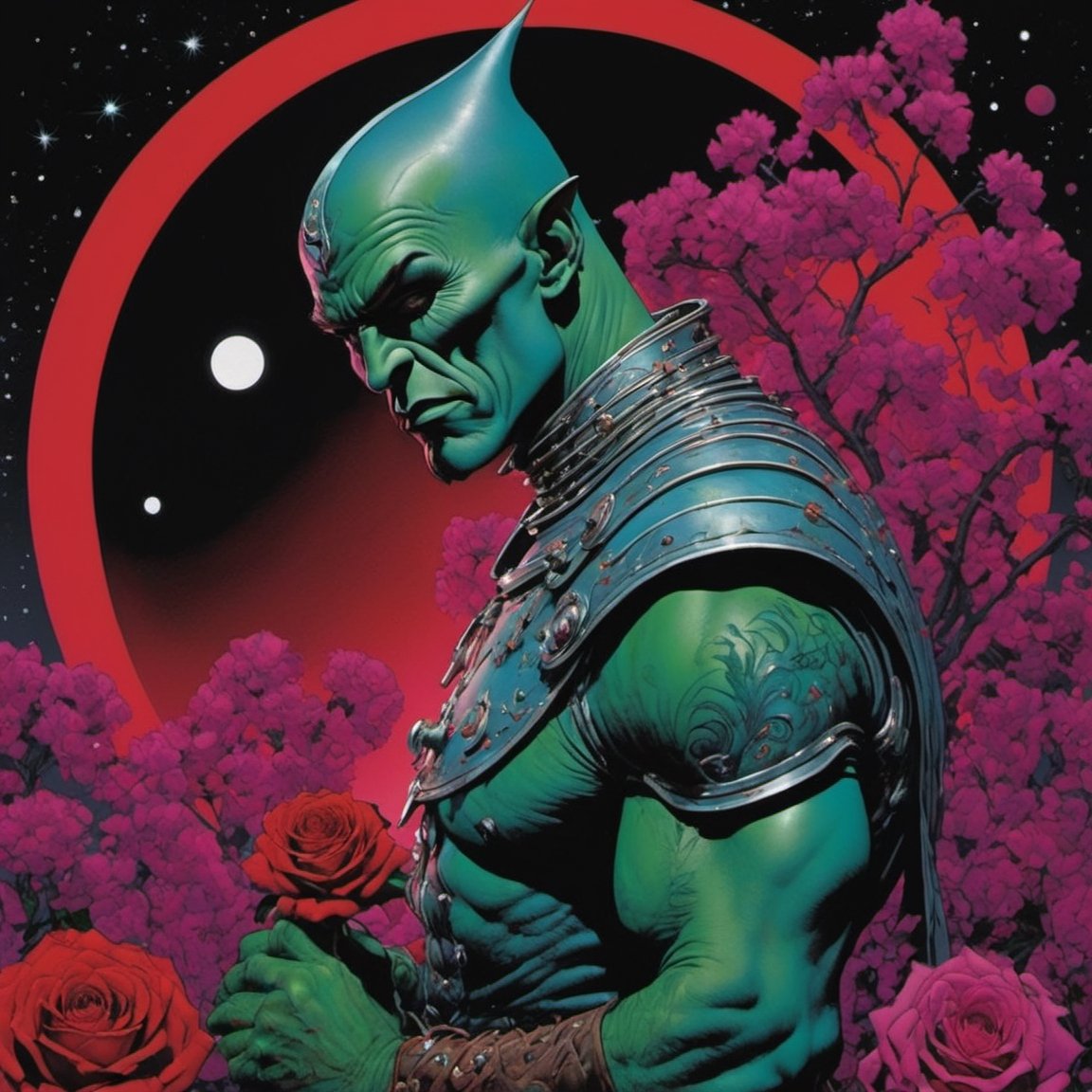 the wizard of oz from the wizard of oz, blood moon, Horror Comics style, art by brom, tattoo by ed hardy, shaved hair, neck tattoos by andy warhol, heavily muscled, biceps, glam gore, horror, poster style, flower garden, space constellation, ,art_booster