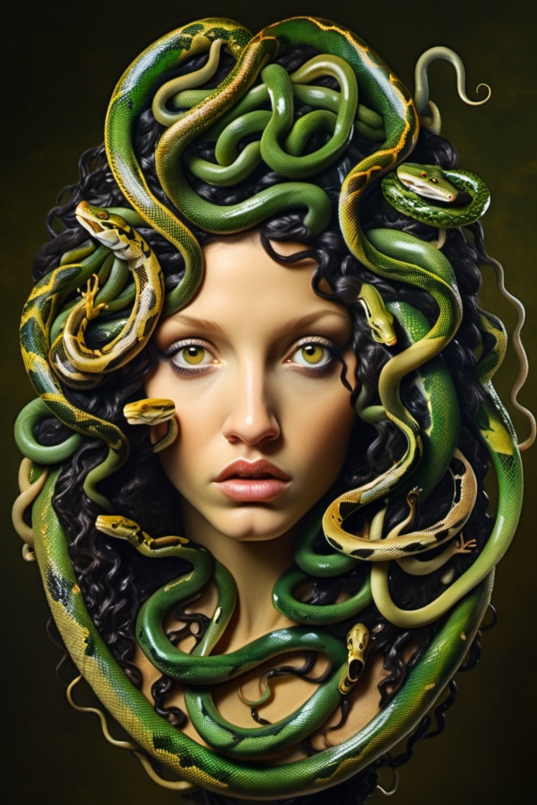 very close up, masterpiece, a scene of medusa staring at the viewer(((head hair made entirely of snakes))) ((medusas hair is entirely made of snakes))Amazon Tree Boa,