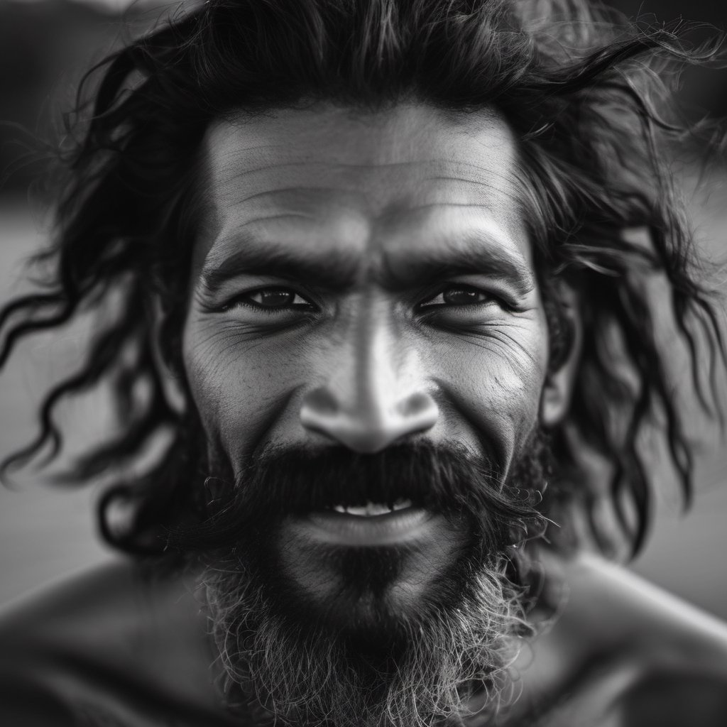 an aboriginal man,  a native from australia, head uncovered,  solo, looking at viewer, 1 man, monochrome, upper body, greyscale, male focus, 2 ft facial hair,2 ft beard, 12 inch mustache, old, old man, no clothing, long bushy unkempt hair, long bushy beard, wild and windswept, all focus on the eyes, short 2 inch depth of field, tamron 1000 mm telephoto lens, f2.8, cinematic angle, looking from above the eyeline down back at the man, angled, extreme close up shot,  eyes only, smiling , few teeth, 