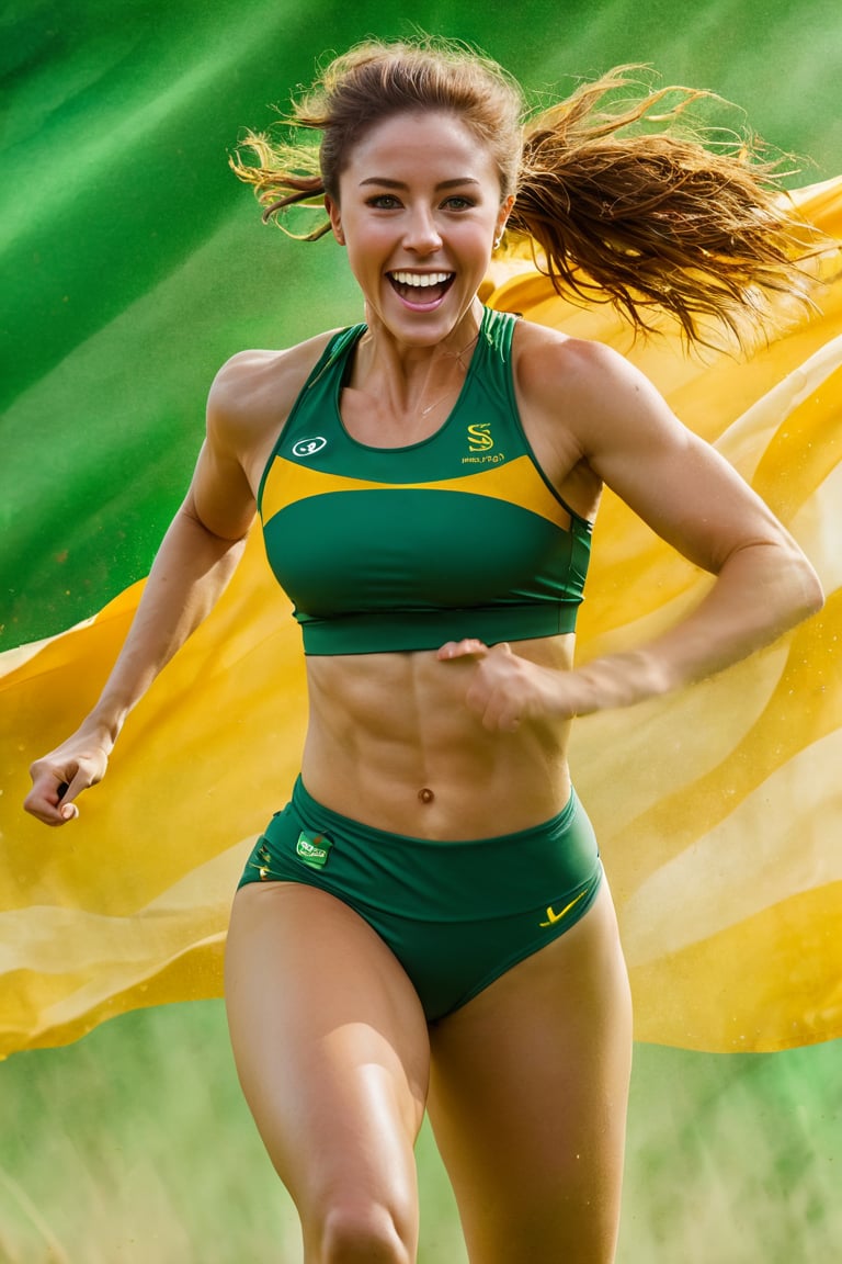 a mid section body shot photograph of a happy australian female athlete, she is wearing an australian olympic track running uniform, she is has an olympic  gold medal around her neck, her back and bottom are facing the viewer, very large green and gold flag background, fluid motion, dynamic movement, cinematic lighting, palette knife, digital artwork by Beksinski,action shot,sweetscape, art by Klimt, airbrush art, ,photo r3al,ice and water,close up,Movie Poster