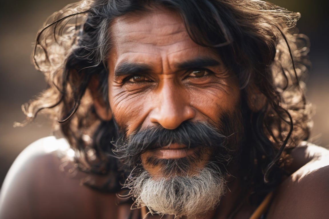 an aboriginal man,  a native from australia, head uncovered,  solo, looking at viewer, 1 man, monochrome, upper body, greyscale, male focus, 2 ft facial hair,2 ft beard, 12 inch mustache, old, old man, no clothing, long bushy unkempt hair, long bushy beard, wild and windswept, all focus on the eyes, short 2 inch depth of field, tamron 1000 mm telephoto lens, f2.8, cinematic angle, looking from above the eyeline down back at the man, angled, extreme close up shot,  eyes only, smiling , few teeth, 