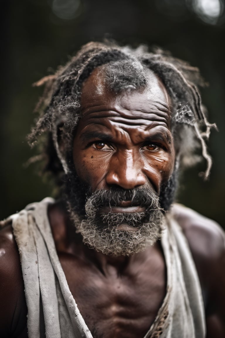 a defeated bare knuckle boxer male, old b;ack african man, head uncovered,  battle scarred, solo, looking at viewer, 1 man, monochrome, upper body, greyscale, male focus, 2 ft facial hair,2 ft beard, 12 inch mustache, old, old man, no clothing, long bushy unkempt hair, long bushy beard, wild and windswept, forlorn, a worn out worried look in his eyes and face, all focus on the eyes, short 2 inch depth of field, tamron 1000 mm telephoto lens, f2.8, cinematic angle, looking from above the eyeline down back at the man, angled, extreme close up shot,  eyes only, teeth bashed out, swollen eye, broken nose, cut eyebrows, no teeth, a towel, a singlet, bloodstained, mouth open and smiling , few teeth, 