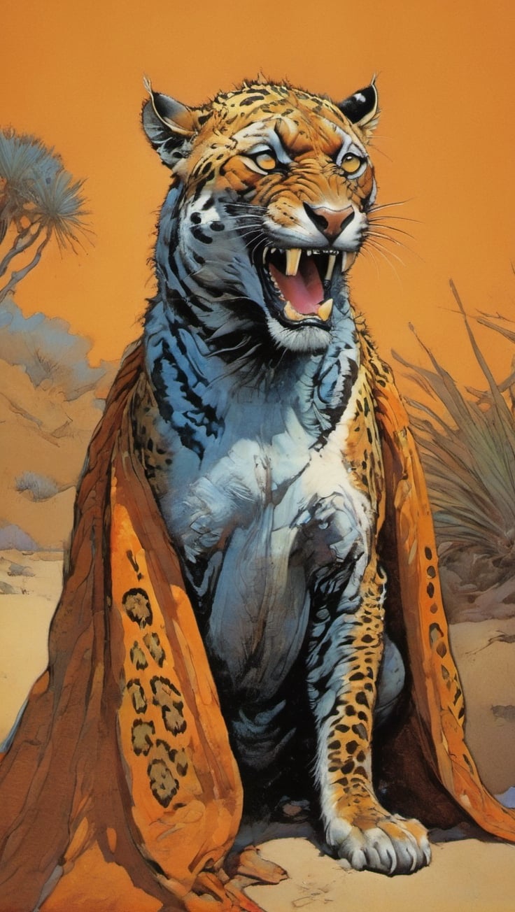 An orange leopard like creature, leopard spots with zebra stripes on its face, pale blue eyes, it wears a desert cape, fr4z3tt4 ,more detail XL,art by sargent