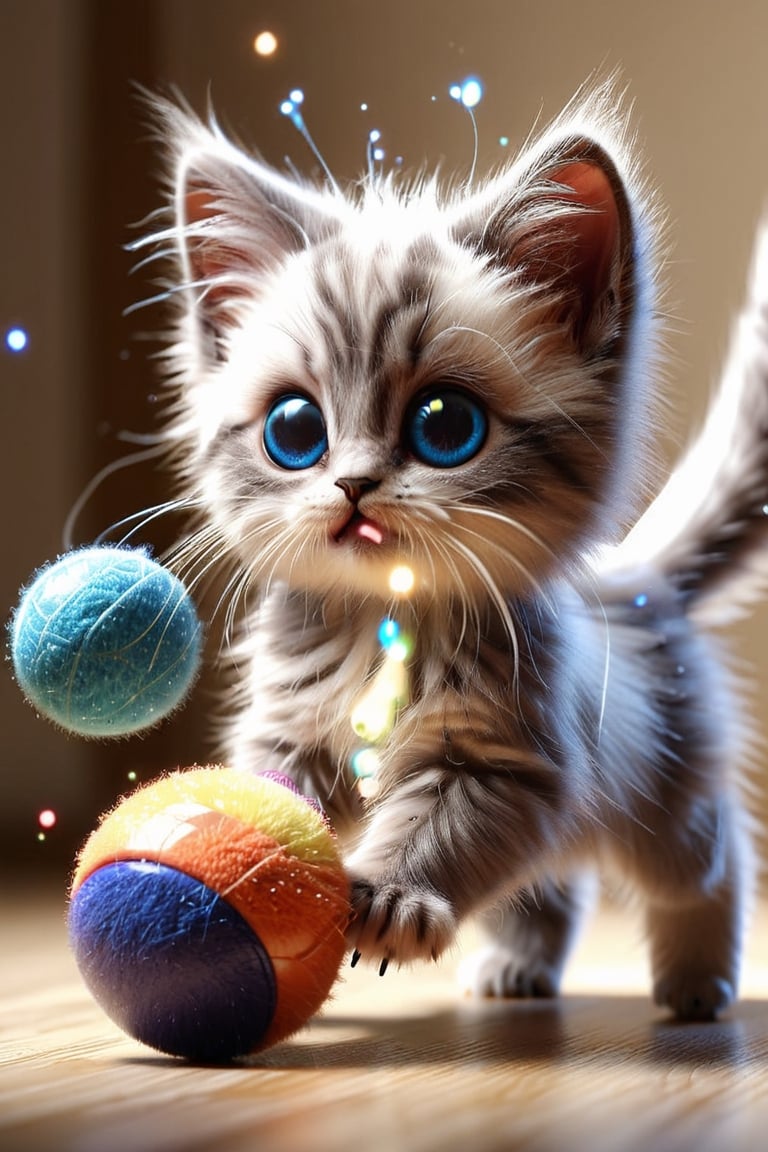 An extreme macroscopic close up of a hybrid butterfly kitten merge, large butterfly ears, PLAYING WITH A TOY BALL, action shot, ,stworki