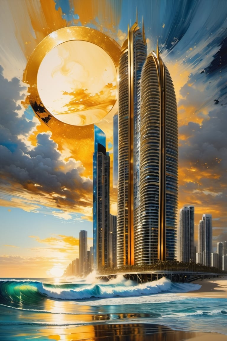 Gold Coast surfers paradise Australia hi rises,black ink flow, 64k resolution photorealistic masterpiece by aaron horkey and jeremy mann, intricately detailed by jean baptiste mongue, acrylic: watercolor art, professional photography, dynamic lighting, volumetric lighting maximalist photoillustration:by marton bobzert,8k resolution concept art intricately detailed, complex, elegant, majestic, ecstacy, fantastical, aspect ratio:16:9, ,xyzsanart01,portrait_futurism,dripping paint,abstact,(Circle:1.4),Leonardo Style,Leonardo style 