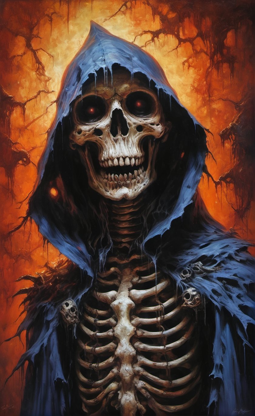 art by Masamune Shirow, art by J.C. Leyendecker, art by boris vallejo, a masterpiece, hyper-realistic oil painting, vibrant colors, Horror Comics style, art by brom, tattoo by ed hardy, a creepy skeleton wearing a hooded cloak, horror, dark chiarascuro lighting, a telephoto shot, 1000mm lens, f2,8 , , illustration,  ,perfecteyes,