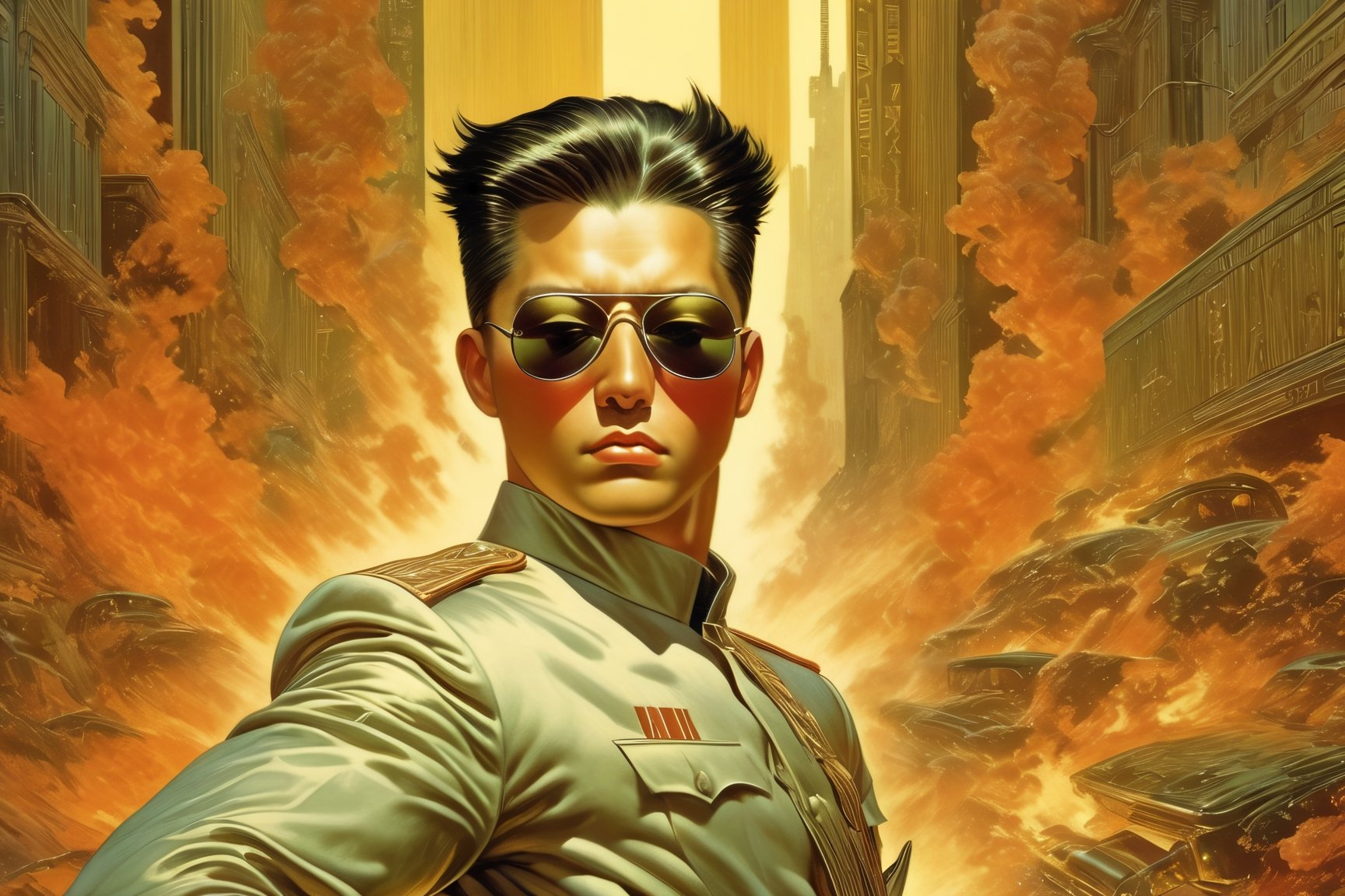 art by Masamune Shirow, art by J.C. Leyendecker, art by boris vallejo, a masterpiece, stunning beauty, hyper-realistic oil painting, vibrant colors, a Kim Jong Un type character, wearing round sunglasses, dark chiarascuro lighting, aiming a Luger pistol at the viewer, fighting bad guys, being chased, fiery explosions, a telephoto shot, 1000mm lens, f2,8,vertical lines of green matrix code