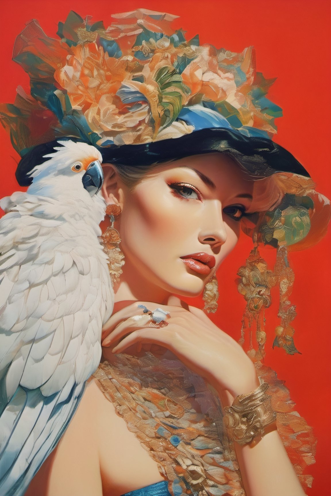 art by Masamune Shirow, art by J.C. Leyendecker, art by boris vallejo, a masterpiece, stunning beauty, hyper-realistic oil painting, vibrant colors, spanish women, 1950 art decor, 1950 art poster, black cockatoo, sulphur crested cockatoo, fashionistas, baroque style, art by armando huerta, art design by armando huertA,  tattoo by ed hardy, more detail XL,close up,Oil painting, 8k, highly detailed, Vogue style, a telephoto shot, 1000mm lens, f2,8,