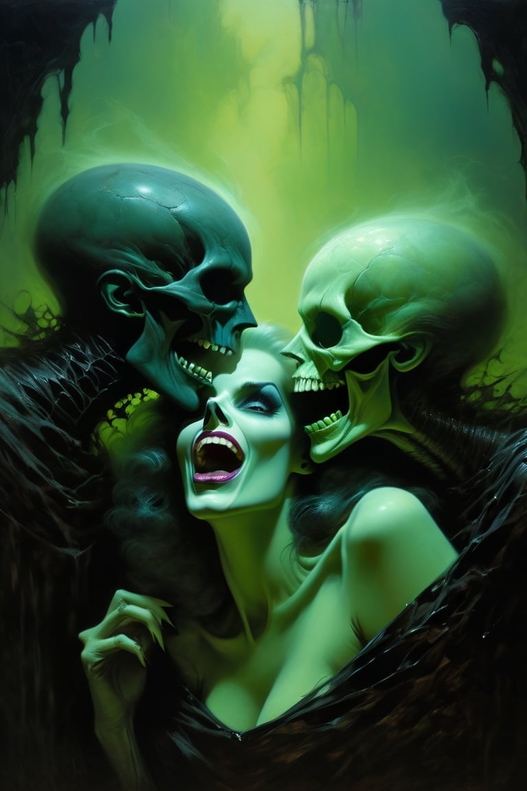 kiss make up, pink tongue out all the way, Modern art style on the theme of psychological fear in the style of gerald brom, light green nature ratio, fantasy horror art, photorealistic dark concept art, in style of dark fantasy art, lich vecna (d&d), detailed 4k horror artwork, Movie Still, an nude old woman has the colours of a pumpkin,  withering,  rotten,  staring froma dark cave,  spider webs,  scary wild tired eyes,  smelling of death,  scaring kids,  rotten teeth,  horror,  dark,  creepy,  black,  green,  wet,  cold and wild, ,HellAI