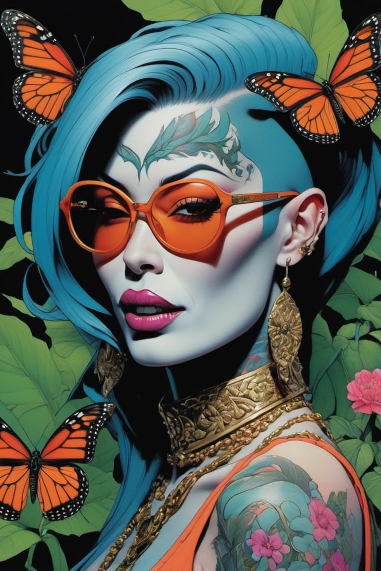 vogue portrait, Horror Comics style, art by brom, smiling people, poking tongue at viewer, lennon sunglasses, punk hairdo, tattoo by ed hardy, shaved hair, neck tattoos by andy warhol, heavily muscled, biceps, glam gore, horror, poster style, flower garden, oversized monarch butterflies, tropical fish, flower garden, 