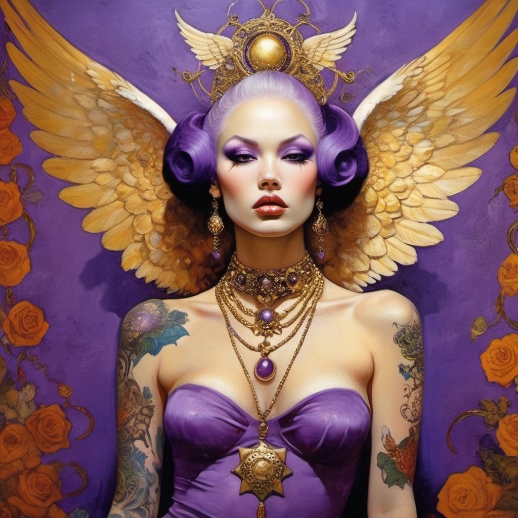  vogue style, a masterpiece, art by TavitaNiko, art by Vallejo, art by Klimt , art by brom, tattoo by ed hardy, shaved hair, neck tattoos by andy warhol, horror, demonic, heaven visions, angelic women, biblical art, angel wings, purple, gold filigree, Star shapes in background, 