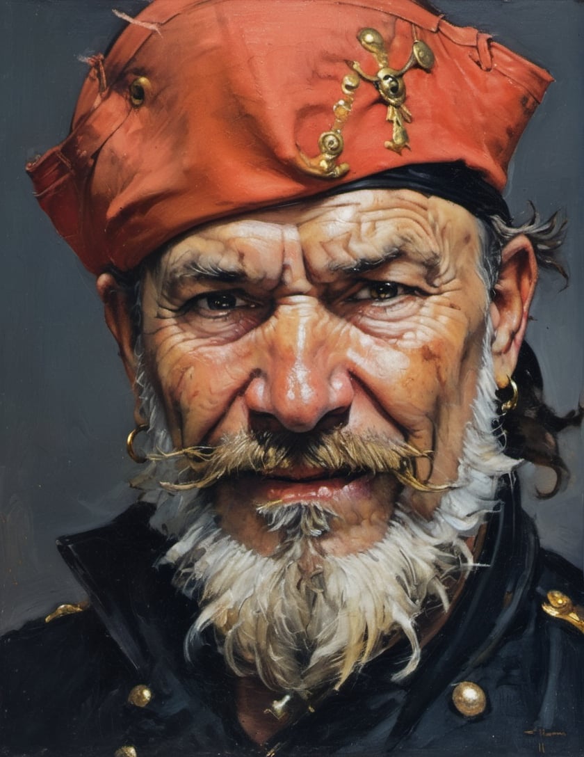 an oil painting portrair, close up of the face, all focus on the eyes, a masterpiece, art by michael carson, a pirate, silverbeard, with two rotten teeth, unkempt beard and moustache, crinkled laughing eyes, wild eyebrow hair, wind swept hair on head, wearing a captains tricorne hat, gold hoop earings, 