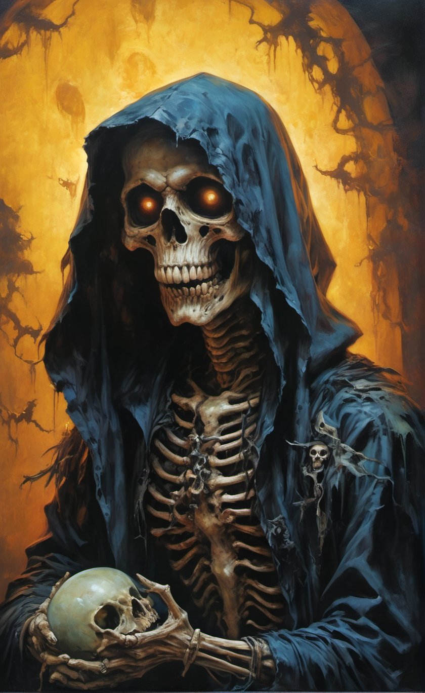 art by Masamune Shirow, art by J.C. Leyendecker, art by boris vallejo, a masterpiece, hyper-realistic oil painting, vibrant colors, Horror Comics style, art by brom, tattoo by ed hardy, a creepy skeleton wearing a hooded cloak, horror, dark chiarascuro lighting, a telephoto shot, 1000mm lens, f2,8 , , illustration,  ,perfecteyes,