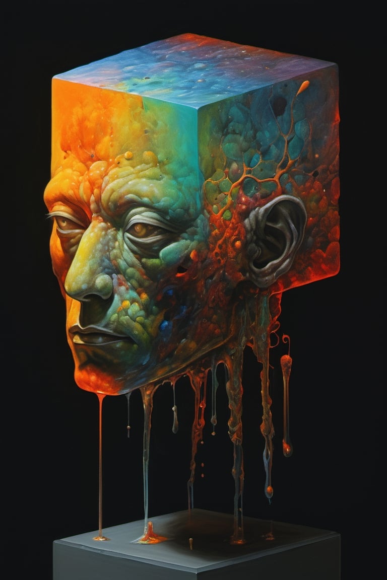 art by yashitomo nara, a cube shaped head, stunning beauty, hyper-realistic oil painting, vibrant colors, dark chiarascuro lighting, a telephoto shot, 1000mm lens, f2,8,Vogue,more detail XL