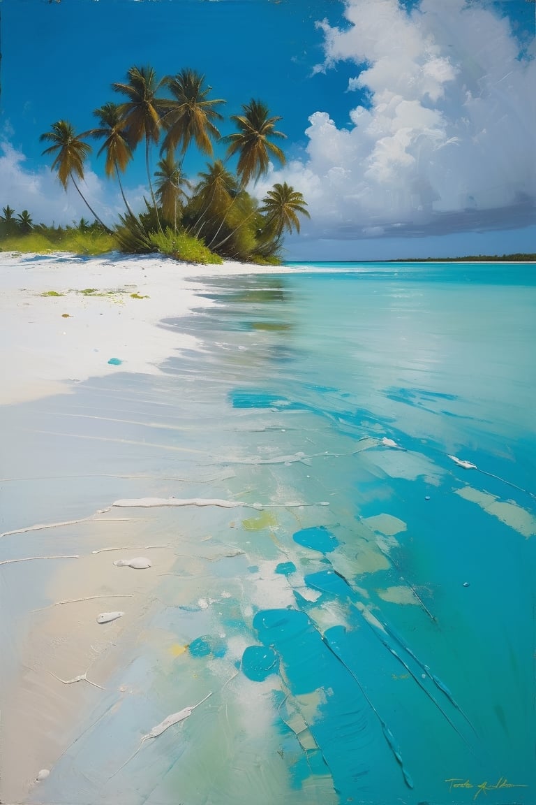 abstract, Cook Islands, as seen from the water, lagoon, white sand, palm trees, bright blue skies, green foliage, turquoise water, thick paint, block palette knife, pastel, in the style of Tony Allain, braod strokes on the knife, dots of paint, splatter, water drops, transparent in places,art by sargent,Oil painting of Mona Lisa ,Leaf