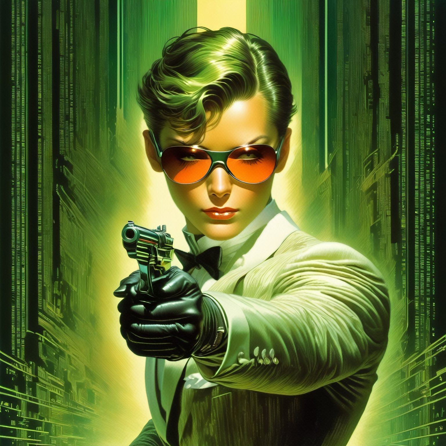 art by Masamune Shirow, art by J.C. Leyendecker, art by boris vallejo, a masterpiece, stunning beauty, hyper-realistic oil painting, vibrant colors, a James Bond type character, wearing round sunglasses, dark chiarascuro lighting, aiming a Luger pistol at the viewer, fighting bad guys, being chased, a telephoto shot, 1000mm lens, f2,8,vertical lines of green matrix code