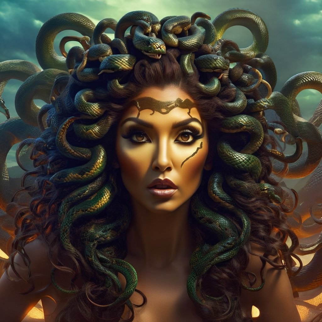 Produce a captivating digital artwork where Medusa's hair consists entirely of individual snakes, each culminating with a menacing snake head at the end. Craft an image that truly embodies the essence of this mythical character, emphasizing the intricate details and expressions of each snake head. Create a scene that showcases Medusa's terrifying allure, with her hair entirely composed of these serpentine creatures. Utilize your artistic skills to bring Medusa to life in a way that accentuates her unique and menacing hair, capturing the blend of fascination and fear that surrounds this iconic figure.