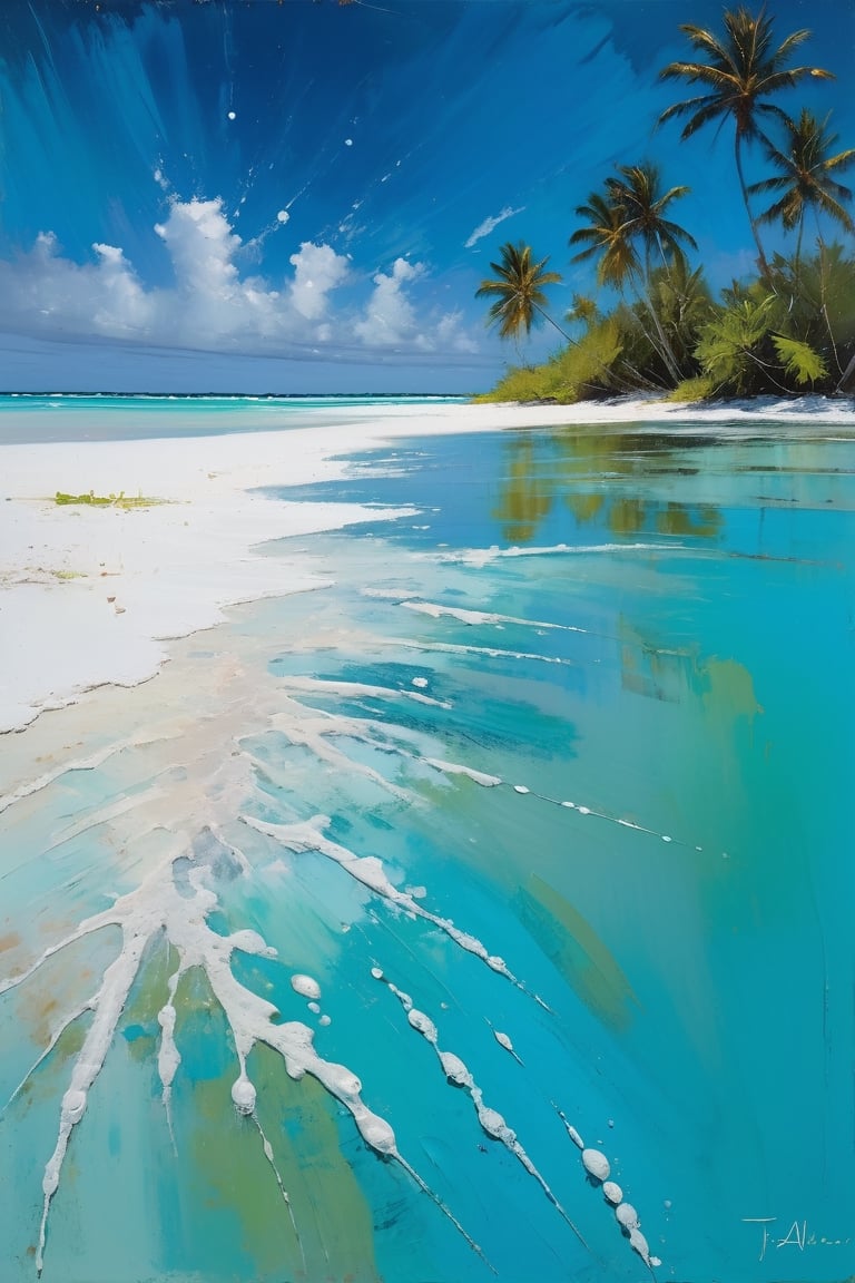 abstract, Cook Islands, as seen from the water, lagoon, white sand, palm trees, bright blue skies, green foliage, turquoise water, thick paint, block palette knife, pastel, in the style of Tony Allain, braod strokes on the knife, dots of paint, splatter, water drops, transparent in places,