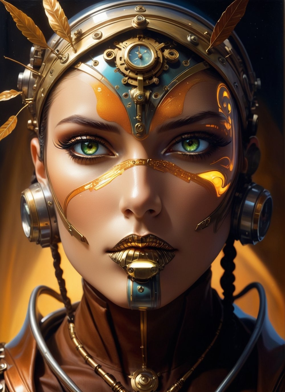 art by Masamune Shirow, art by J.C. Leyendecker, a masterpiece, stunning beauty, perfect face, full-body, hyper-realistic oil painting, vibrant colors, Body horror, steampunk spacesuit, full face translucent visor, in the style of futuristic space glamour, Steam punk, tribal adornments, frank frazetta style pose, perfect makeup, boris vallejo style background, plain neon steampunk background ,biopunk style,cyberpunk style,art by sargent,Oil painting of Mona Lisa ,Leaf,Leonardo Style,fr4z3tt4 , ,futuristic alien,Low-key lighting Style