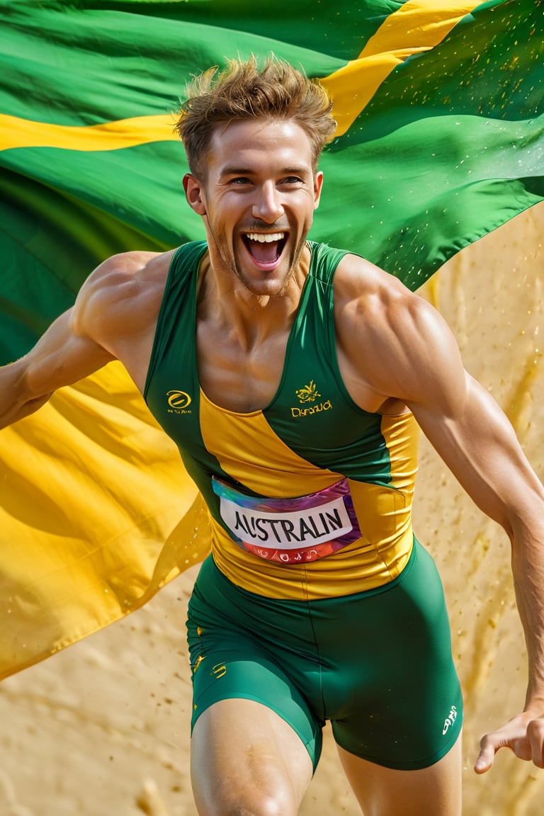 a mid section body shot photograph of a happy australian male athlete, he is wearing an australian olympic highjump  uniform, he is has an olympic  gold medal around his neck, his back and bottom are facing the viewer, very large green and gold flag background, fluid motion, dynamic movement, cinematic lighting, palette knife, digital artwork by Beksinski,action shot,sweetscape, art by Klimt, airbrush art, ,photo r3al,ice and water,close up,Movie Poster