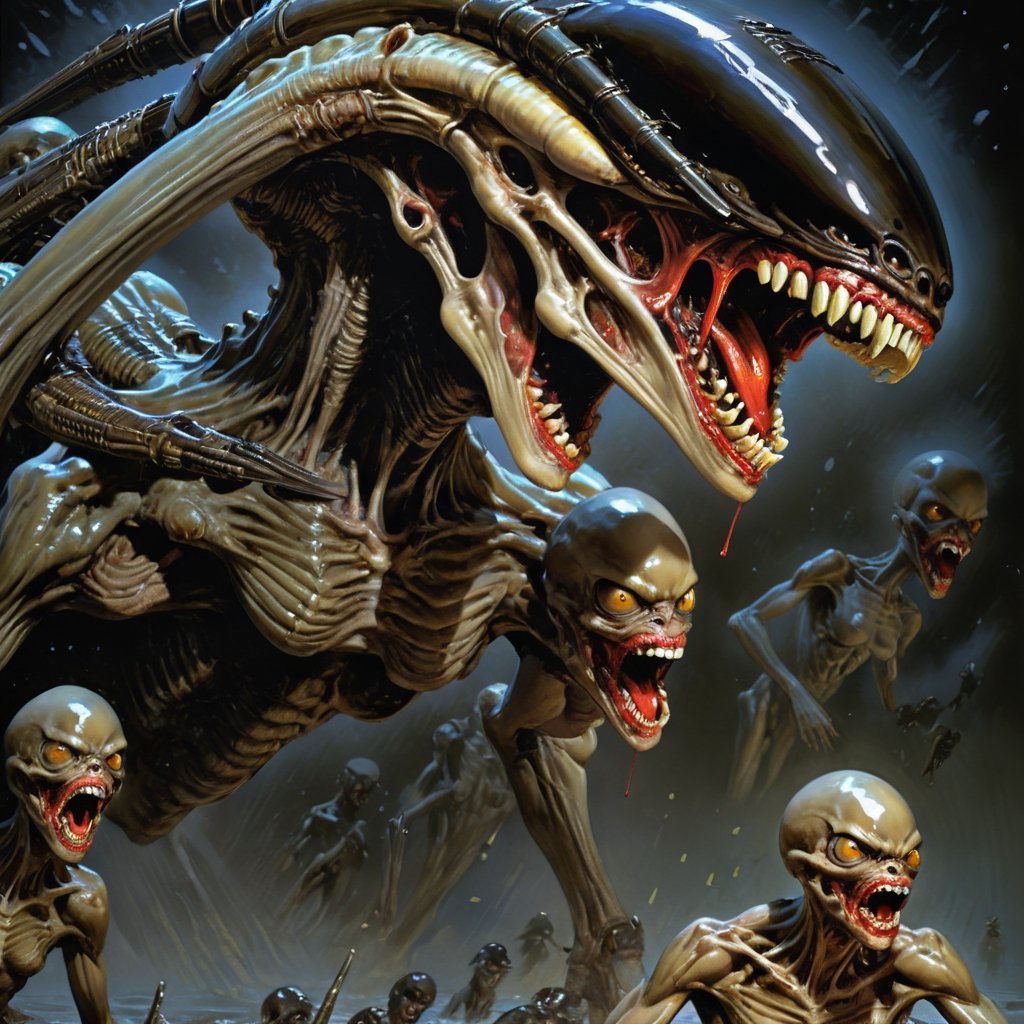 art by Masamune Shirow, art by J.C. Leyendecker, a masterpiece, stunning beauty, hyper-realistic oil painting, vibrant colors, a xenomorph, dark chiarascuro lighting, dripping blood and sweat, messed up, battling human troopers, a telephoto shot, 1000mm lens, f2,8, ,horror,dark theme