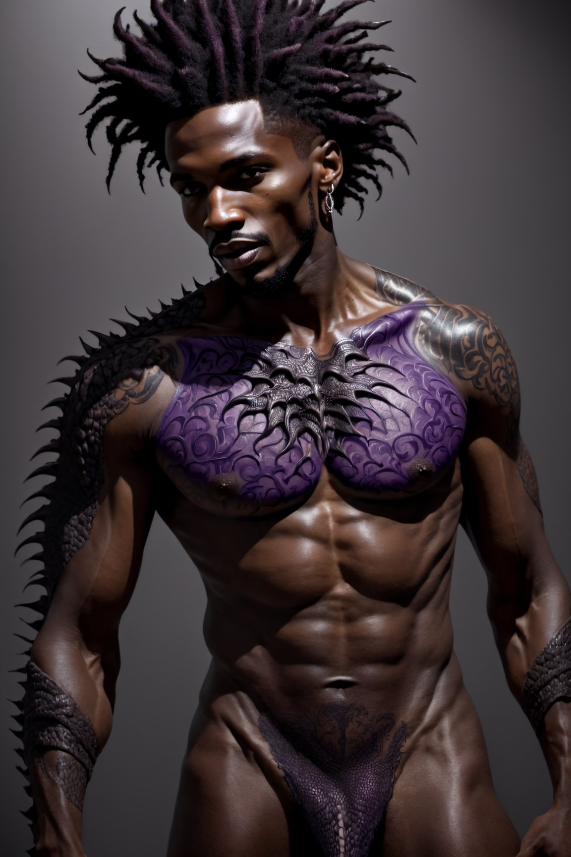 An sexy black african mans arm and shoulder, telephoto lens shot, man is sstaring straight out to the viewer, a wry smile on his face, the arm and shoulder are covered in a very detailed intricate dark purple, whie, black dragon tattoo that is protruding outfrom the skin, coming alive, its screaming, scratching, similar to dragon tattoo by Boris Vallejo, slowly you see the small dragon tattoo in parts is coming out of the skin and becoming a real version of the tattoo, sticking out, scales, extended claws, 16K, movie still, cinematic, 