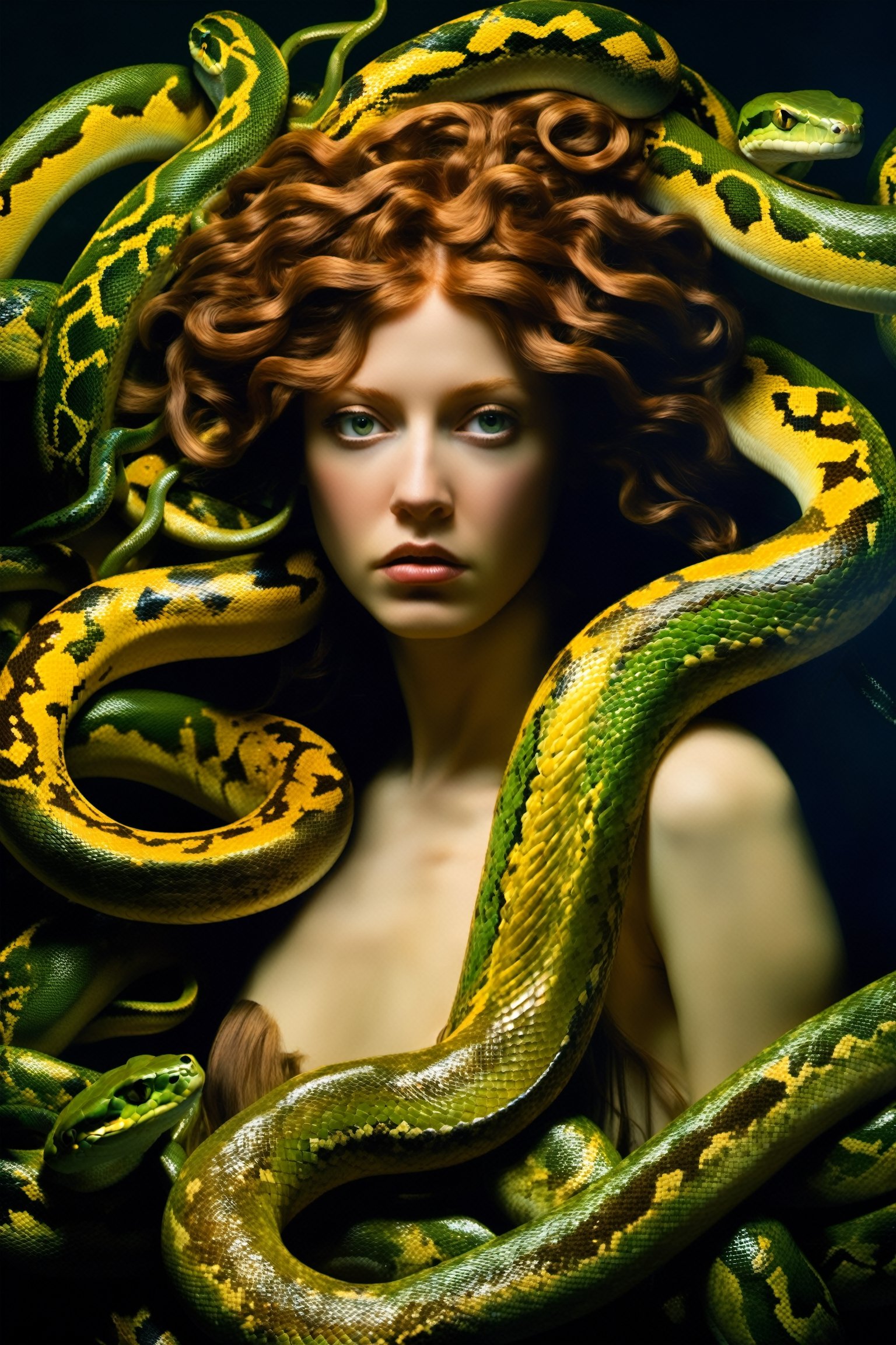 masterpiece, a scene of medusa staring at the viewer(((head hair made entirely of snakes))) ((medusas hair is entirely made of snakes)) eight carpet pythons