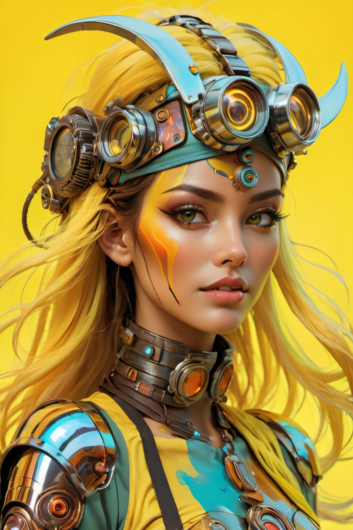 a masterpiece, stunning beauty, perfect face, epic love, Slave to the machine, full-body, hyper-realistic oil painting, vibrant colors, Body horror, wires, , native american war bonnet, a rusty and silver spotted steampunk spacesuit, women looking directly out to viewer, wry smile on her face, neon face with multiple coloured circuits on it, full face visor translucent dirty yellow colour, in the style of futuristic space, glamour, Steam punk steam punk animated gifs, xenomorph lookalike adornments, gun in hand, algorithmic artistry, frank frazetta style, perfect makeup, boris vallejo, pop art consumer culture, plain neon steampunk background, full figure pose, dripping paint, Leonardo Style, blacklight makeup, oni style,