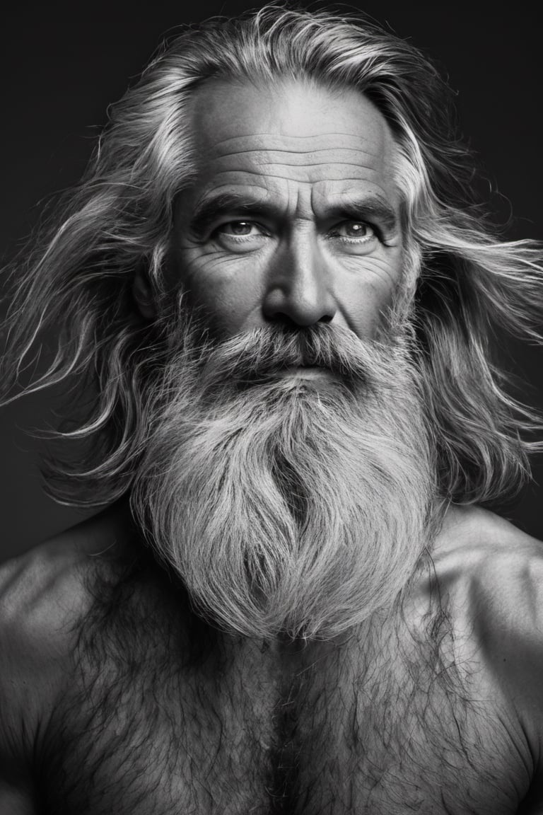 solo, looking at viewer, 1 man, monochrome, upper body, greyscale, male focus, facial hair, beard, mustache, old, old man, no clothing, long bushy unkempt hair, long bushy beard, wild and windswept, forlorn, lost, 