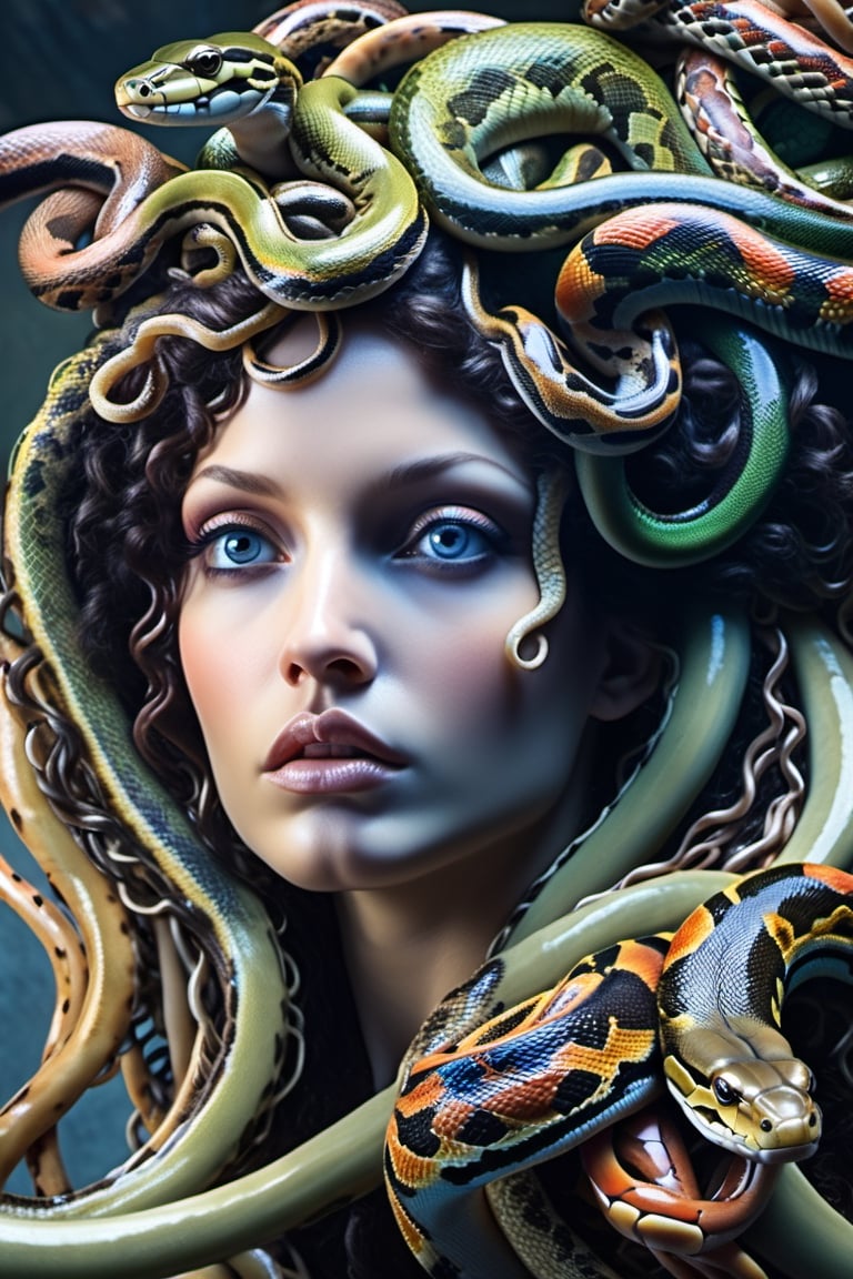 very close up, masterpiece, a scene of medusa staring at the viewer(((head hair made entirely of snakes))) ((medusas hair is entirely made of snakes))Amazon Tree Boa, coral snakes,