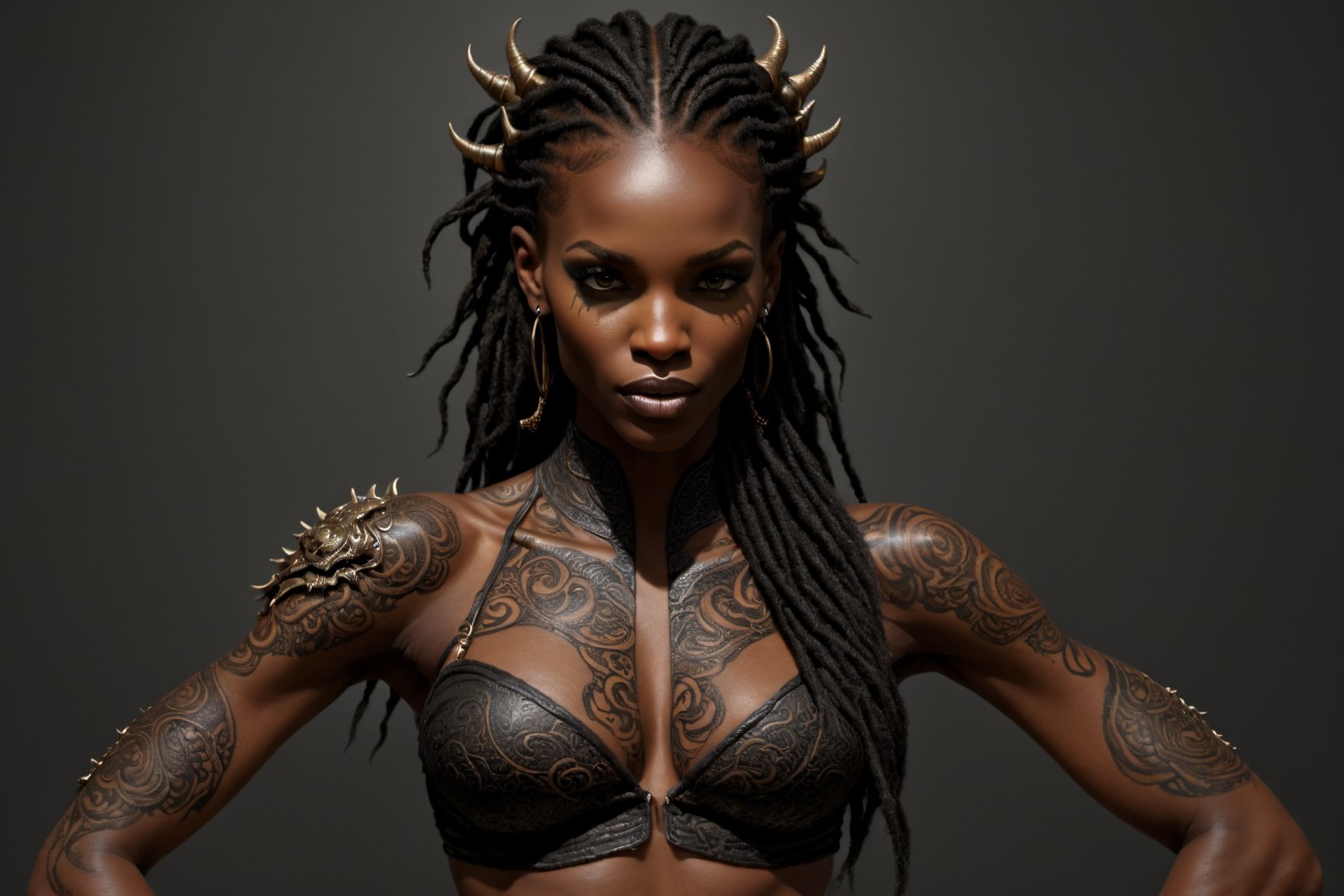 An sexy black african womans arm and shoulder, covered in a detailed intricate dragon tatoo on front and back,  cinematic pose, that is stretching out in to reality, its screaming, scratching, smoking, similar to dragon tattoo by Boris Vallejo, slowly you see the small dragon tattoo in parts is coming out of the skin and becoming a real version of the tattoo, sticking out, scales, extended claws, 16K, back arm and shoulder shot, ,DonMF43XL,cyberpunk style,steampunk style,IncrsXLRanni,HellAI,DonM5yn1hXL