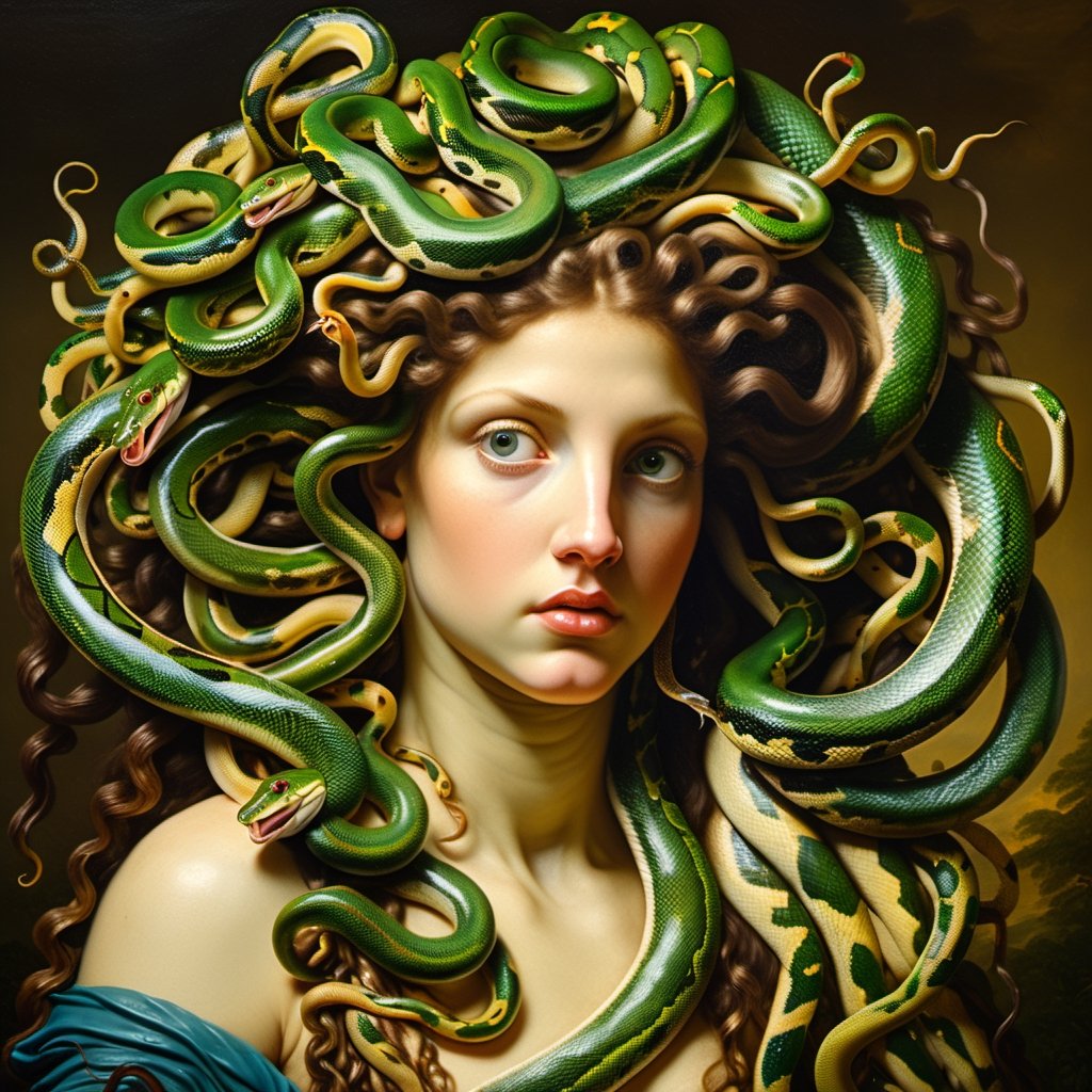 very close up, masterpiece, a scene of medusa staring at the viewer(((head hair made entirely of snakes))) ((medusas hair is entirely made of snakes))Amazon Tree Boa,