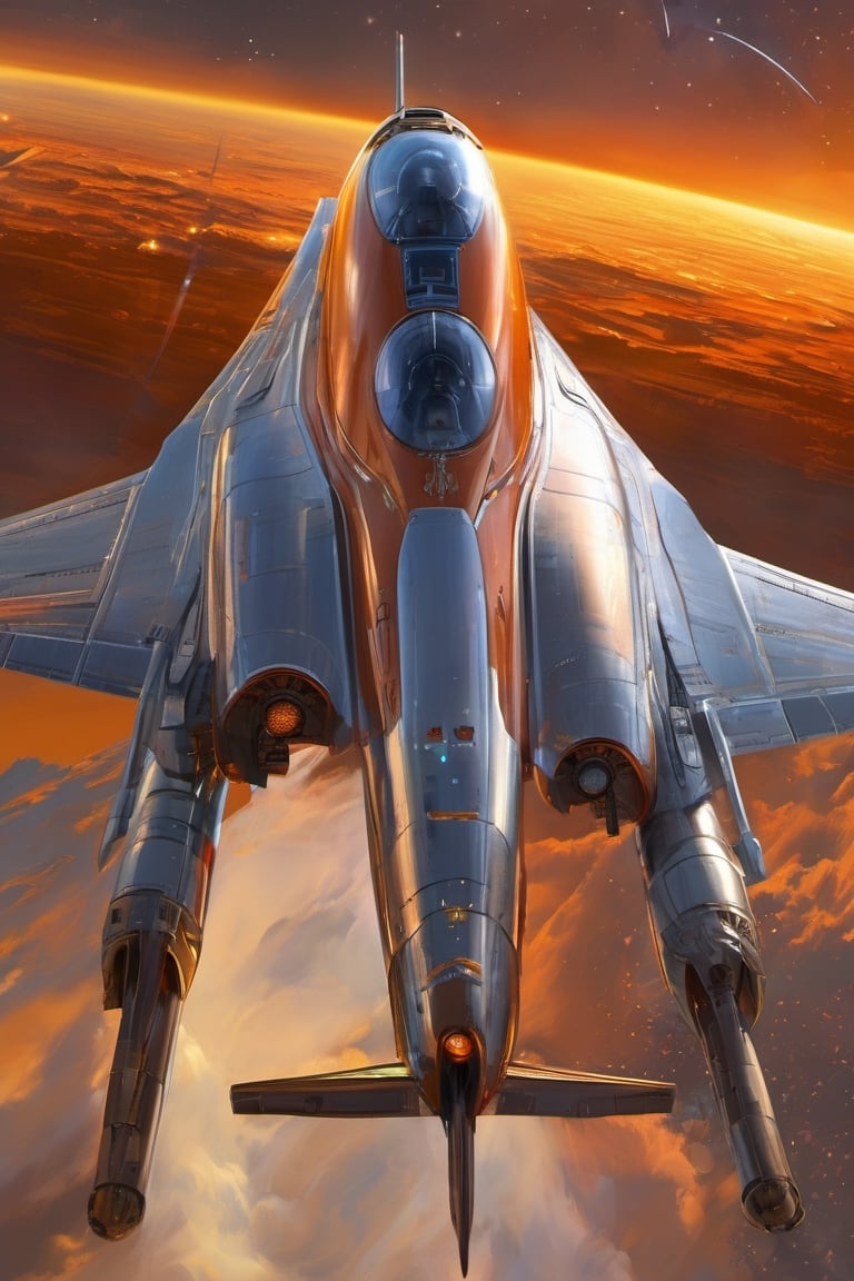 Orange, vibrant, gleaming trade starship, elegant lines and polished chrome, vintage sci-fi, reminiscent of works by Ralph McQuarrie or Harry Lange. Cosmos brimming with colorful nebulae, distant stars, intricate details, reflections, volumetric lighting, digital painting., trending on artstation, sharp focus, studio photo, intricate details, highly detailed, by greg rutkowski