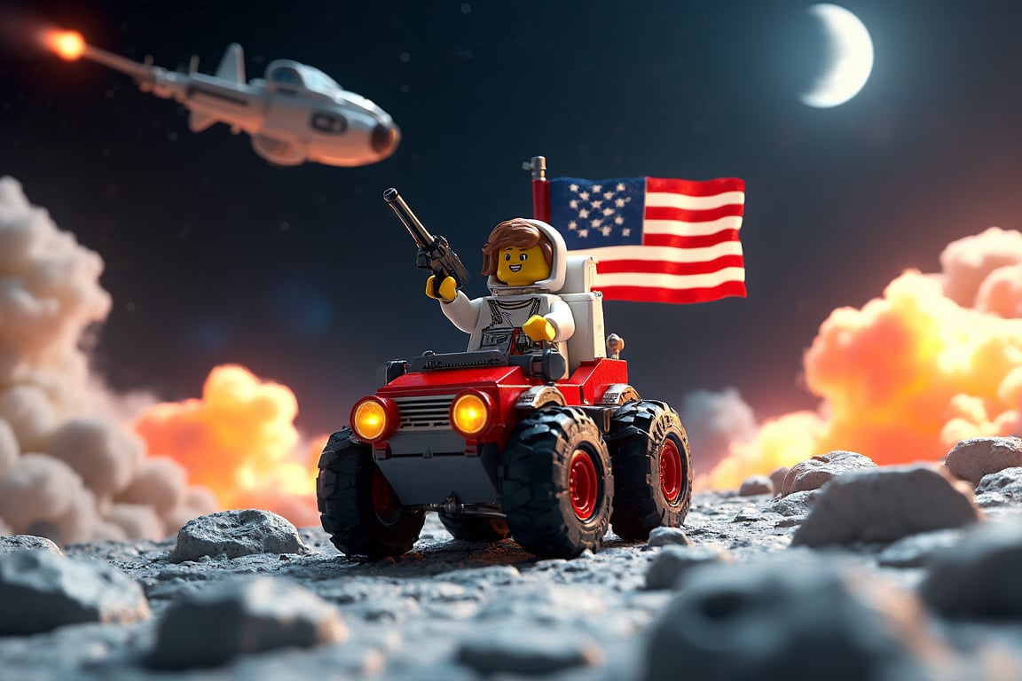 An 3d lego block cartoon scene featuring buzz aldrin riding the lunar rover at full throttle jumping over moon craters, and firing a gun in the airr. The American flag waves proudly behind him as an alien spacecraft soars through the sky. In the background, massive explosions light up the scene.