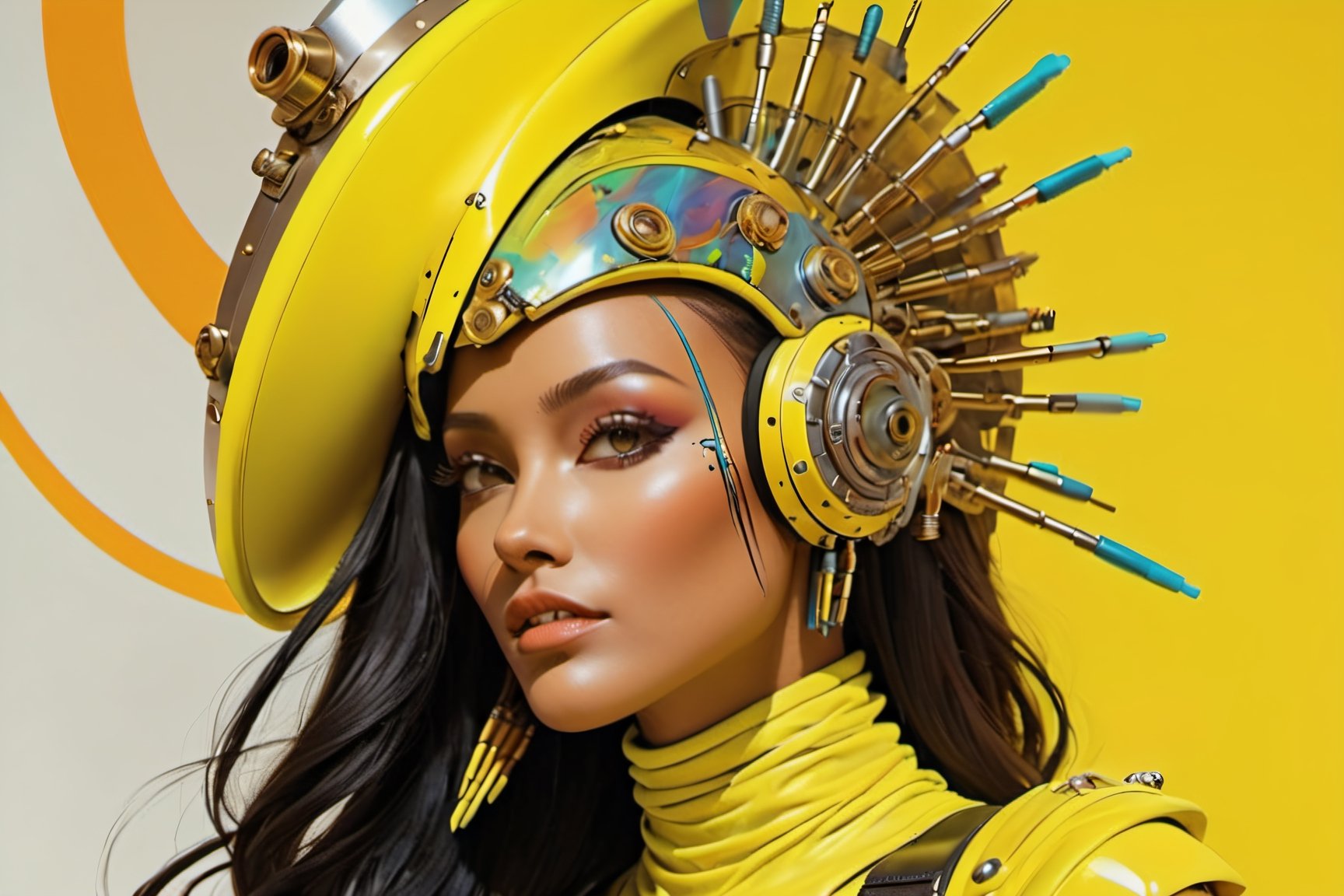 a masterpiece, stunning beauty, perfect face, epic love, Slave to the machine, full-body, hyper-realistic oil painting, vibrant colors, Body horror, wires, , native american war bonnet, a rusty and silver spotted steampunk spacesuit, women looking directly out to viewer, wry smile on her face, neon face with multiple coloured circuits on it, full face visor translucent dirty yellow colour, in the style of futuristic space, glamour, Steam punk steam punk animated gifs, xenomorph lookalike adornments, gun in hand, algorithmic artistry, frank frazetta style, perfect makeup, boris vallejo, pop art consumer culture, plain neon steampunk background, full figure pose, dripping paint, Leonardo Style, blacklight makeup, oni style,monster,HellAI,IncrsXLRanni,Xxmix_Catecat,DonMD3m0nXL ,Stylish,underboob,hustler,more detail XL,portrait_futurism