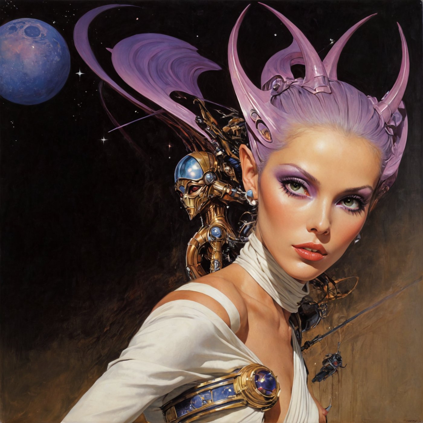 art by Masamune Shirow, art by J.C. Leyendecker, art by simon bisley, art by ralph steadman, a masterpiece, stunning beauty, hyper-realistic oil painting, star wars alien creatures, a portrait picture, incredible detail, fantasy portrait, smooth skin,  kaleidoscope graffiti background, Vogue, artint, frutiger, 