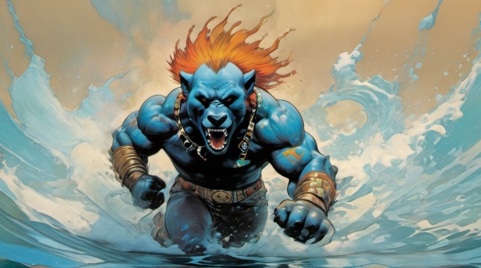 bear running at viewer, in water, Horror Comics style, art by brom, tattoo by ed hardy, shaved hair, neck tattoos andy warhol, heavily muscled, biceps,glam gore, horror, blue bear, demonic, hell visions, demonic women, military poster style, chequer board, vogue bear portrait, Horror Comics style, art by brom, smiling, lennon sun glasses, punk hairdo, tattoo by ed hardy, shaved hair, neck tattoos by andy warhol, heavily muscled, biceps, glam gore, horror, poster style, ,action shot